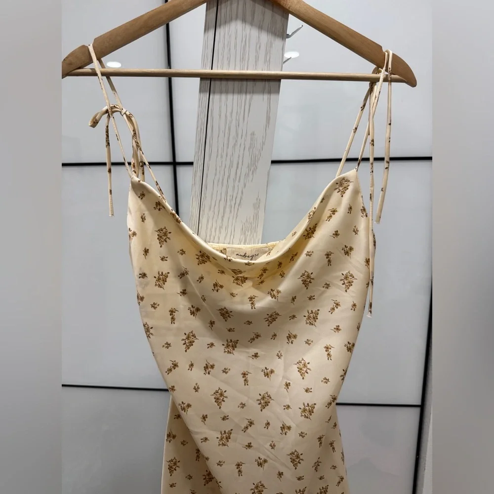 Brand New Champagne Beige Floral Cowl Neck Satin Slip Mini Dress Sleeveless - Picture 8 of 11